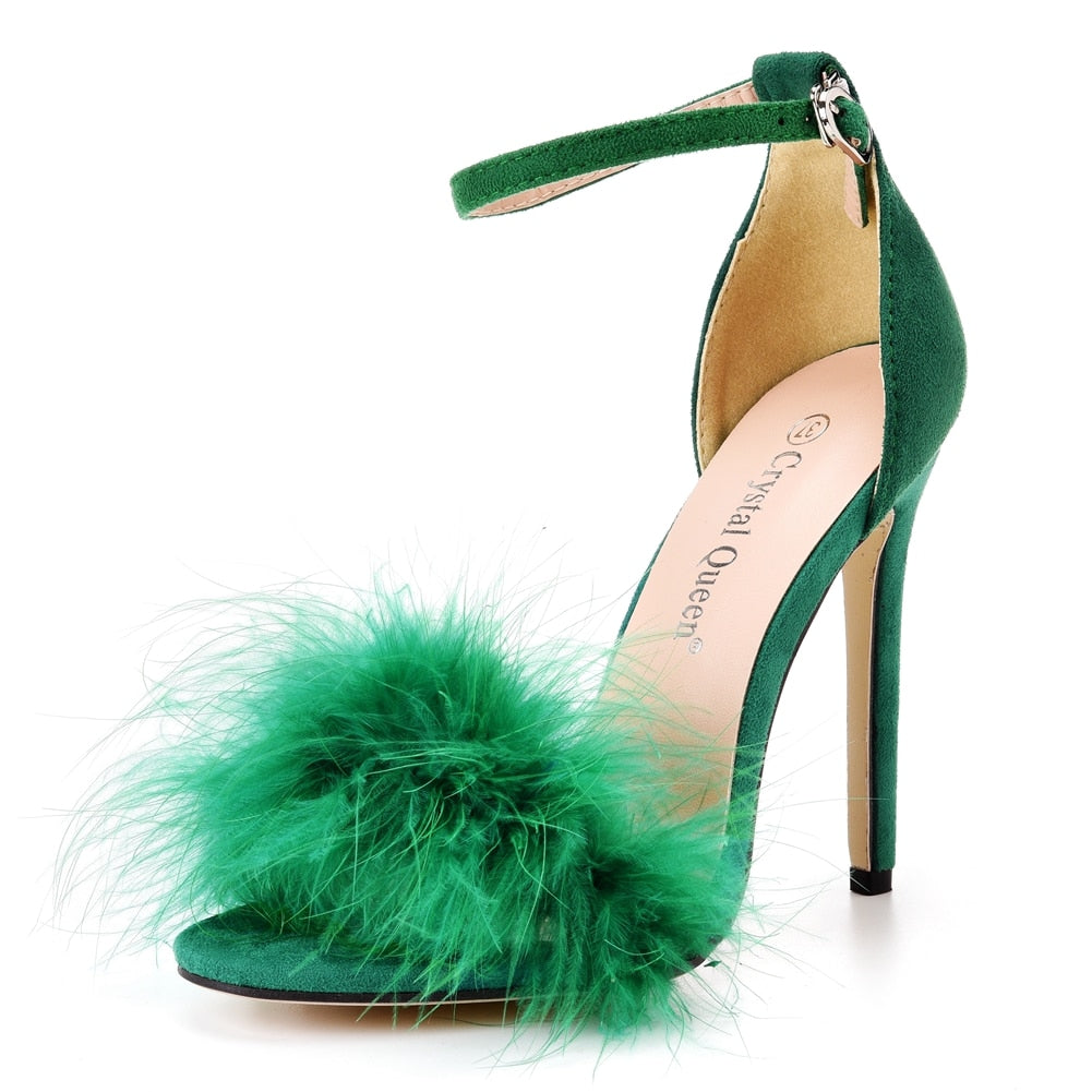 Fluffy Peep Toe Stilettos with Fur Feather